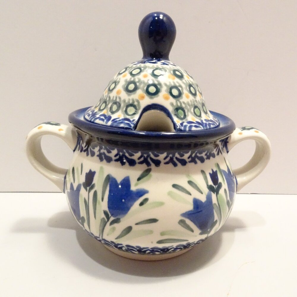 UNIKAT Vintage Polish Pottery Lidded Sugar Bowl Signed Flowers Blue Green